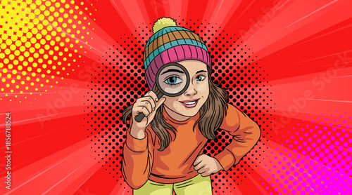A cute, beautiful girl looks at you through a magnifying glass in pop art style.