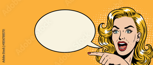 A beautiful woman points with a speech bubble in a pop art retro style