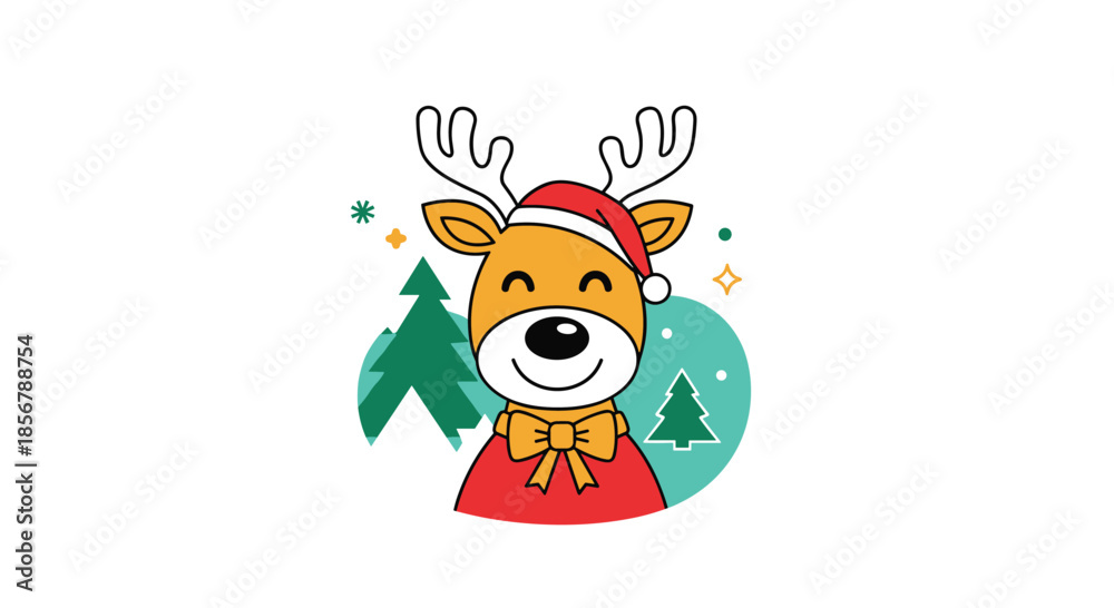 Fototapeta premium Cute brown reindeer with a red bow and a santa hat standing in front of a stylized green christmas tree and stars.