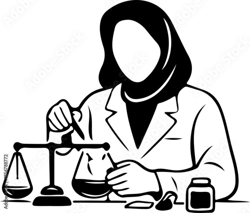 Vector Icon of Hijab Lab Technician Pipetting onto Beaker Balance Scale
