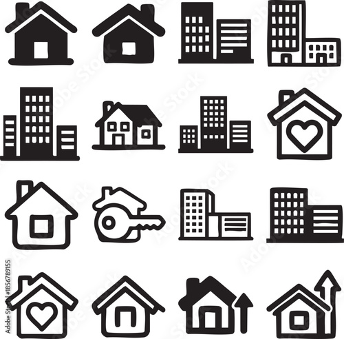 simple house, home icon, apartment building, skyscraper, suburban house, cottage, city skyline, real estate, home key, residential,.eps