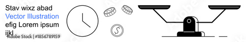 Time management, financial planning, balance, justice, decision-making, wealth distribution. Clock, coins and scales monetary value and time balance. Time management and financial planning concept