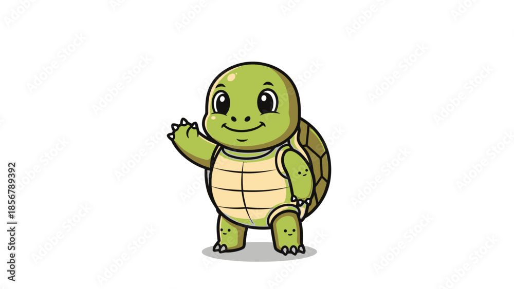 Obraz premium Happy Baby Turtle Cartoon Character Waving with a Friendly Smile on Isolated White Background