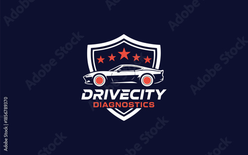 White sports car on dark blue shield with stars and text