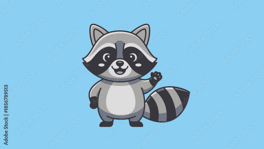 Obraz premium Cute Happy Raccoon Waving Hand with Friendly Gesture on Light Blue Background