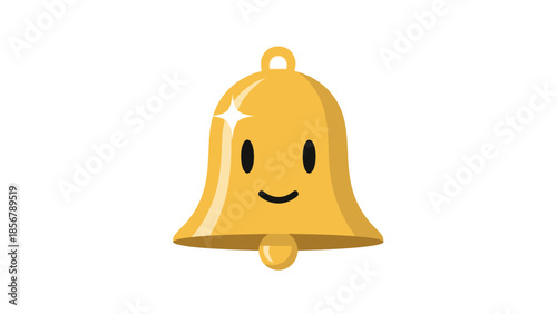 Cute Happy Golden Bell Character Smiling with Sparkles on Isolated White Background