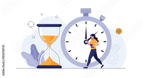 A woman carrying clock hands walks between a large hourglass and a stopwatch, illustrating concepts of time management.
