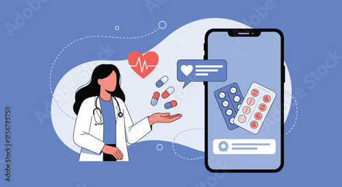 A female doctor presents information about pills and online pharmacy services available through a mobile phone application.