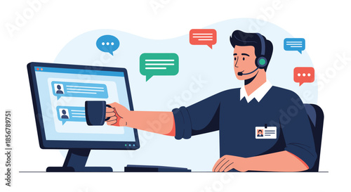 A male call center agent with a headset and a mug talks to customers online, with chat bubbles appearing on his screen.