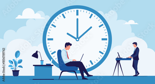 Two businessmen work on laptops in a modern office setting with a giant clock in the background, symbolizing time management.