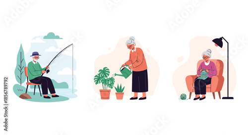 A collection showing seniors enjoying their hobbies: a man fishing, a woman watering plants, and another woman knitting.