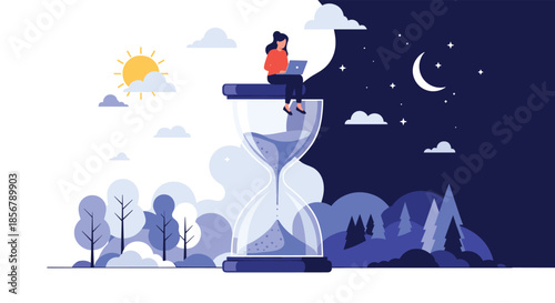 A woman sits on a large hourglass that separates a day and night landscape, illustrating the passage of time.