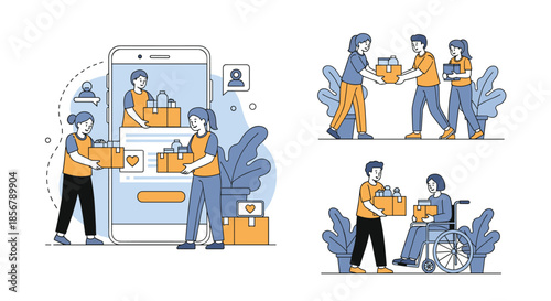 A set of illustrations depicting volunteers using a mobile app to organize and distribute donations to people in need.