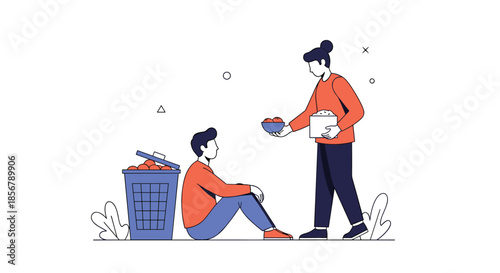 A woman offers a bowl of food to a homeless man sitting on the ground next to a trash can, showing compassion.