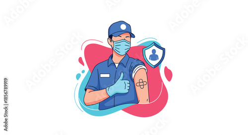 A man in a cap and face mask gives a thumbs-up, showing a bandage on his arm after receiving a vaccination.