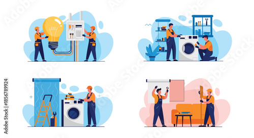 A set of four scenes showing handyman and repair services, including electrical work and appliance and furniture repair.