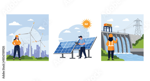 A set of illustrations showing renewable energy sources with engineers, including wind turbines, solar panels, and a hydroelectric dam.