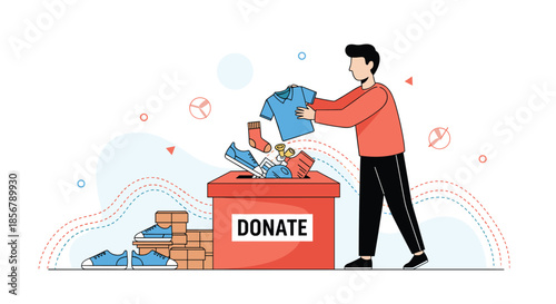 A young man donates clothes, shoes, and money into a large red donation box, contributing to a charitable cause.