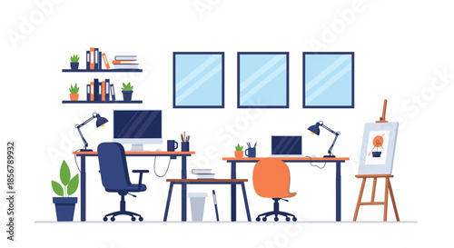 A modern and stylish office or studio workspace with two desks, computers, an artist's easel, and organized shelves.