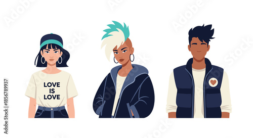 A set of three portraits of diverse and stylish young people, including a woman with a mohawk and another with a 'Love is Love' shirt.