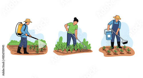 A collection of three illustrations showing farmers at work in the field: spraying crops, tilling soil, and fertilizing.