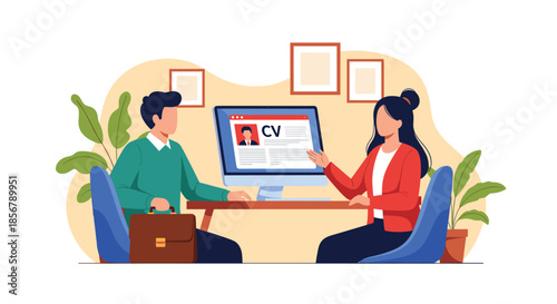 A female hiring manager discusses a candidate's CV on a computer screen during a job interview in a modern office.