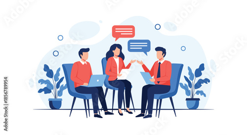 Three colleagues, two men and one woman, sit together and engage in a lively discussion during a business meeting.