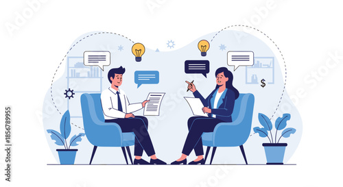 A man and a woman sit in armchairs having a productive business meeting, exchanging ideas and documents with lightbulbs overhead.