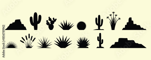 Desert Landscape and Flora Silhouette Collection, Desert Landscape, silhouette, illustration, vector