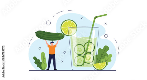 A tiny man holds up a large cucumber next to a refreshing glass of cucumber-infused water with lime and a straw.