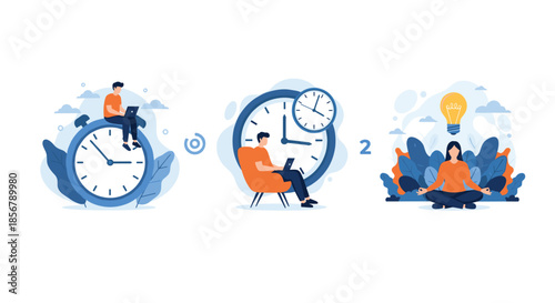 A set of illustrations showing time management and mindfulness, from working on a clock to meditating for new ideas.