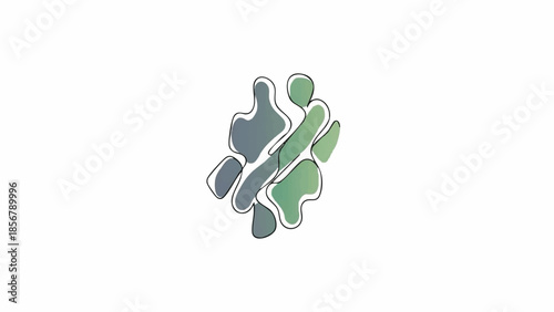 Abstract fluid shapes illustration with organic flowing lines in shades of green and grey against a white background
