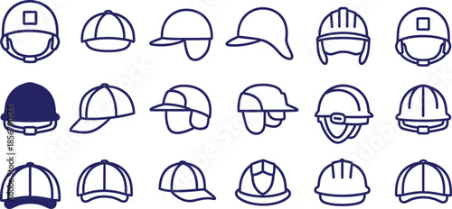 Collection of diverse helmet and cap outline icons