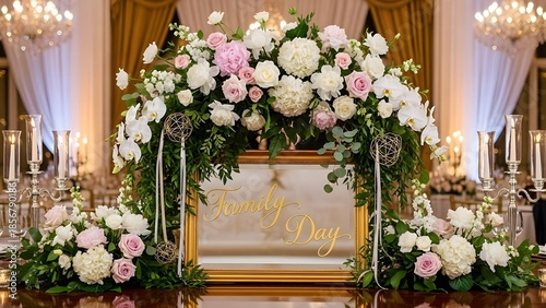 Elegant wedding archway with white and pink flowers in a luxurious event space