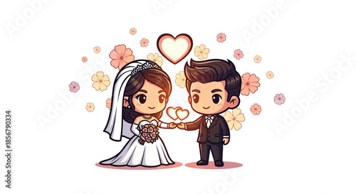 Cartoon bride and groom in love with flowers and heart