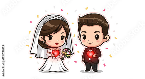 Happy cartoon bride and groom celebrating their wedding day