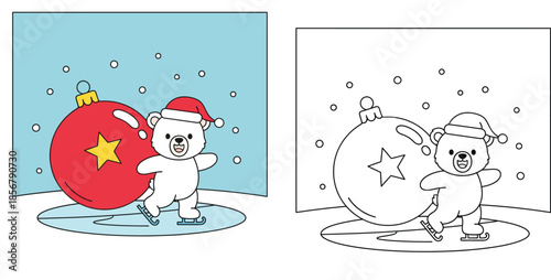 Cute polar bear ice skating with giant Christmas ball, vector cartoon illustration with black and white coloring book outline.