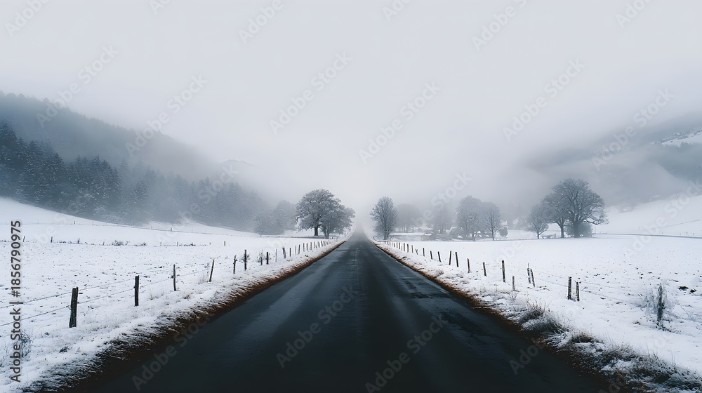 Obraz premium Empty Asphalt Road Stretching Through a Misty and Frozen Winter Landscape