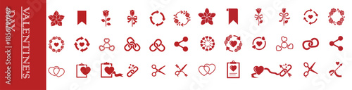 Collection of red valentines day themed icons and symbols