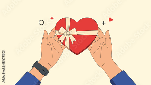 Pair of hands gently holds a red heart shaped gift box with a cream colored bow representing love, affection, and giving a present.