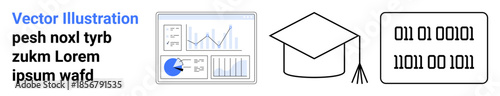 Dashboard with analytics and pie chart, academic cap, binary numbers signifying education and tech. Ideal for education, technology, data science, programming, AI, innovation simple landing page