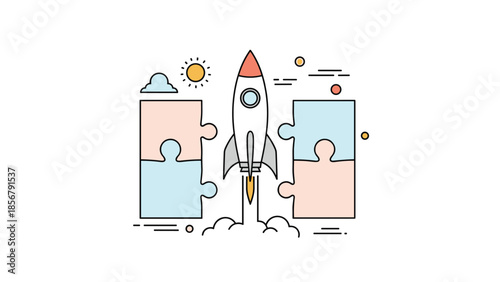 Rocket ship takes off into the sky from between four interlocking puzzle pieces under a shining sun to symbolize a successful launch.