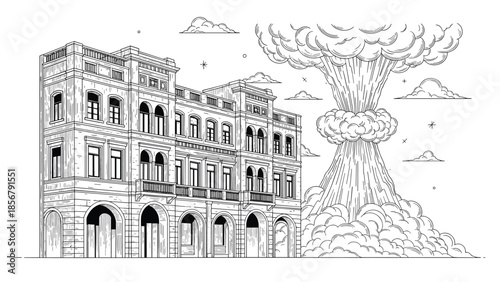 Architectural sketch shows a grand classical building with a massive mushroom cloud explosion rising into the sky next to it in a scene.
