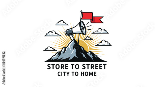 Megaphone illustration on a mountain peak with clouds and sun rays represents communication and reaching city to home delivery goals.