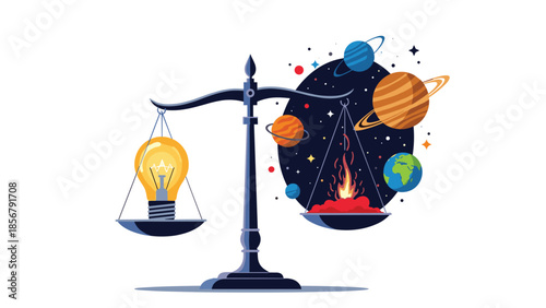 Classic balance scale weighs a glowing lightbulb against a cosmic scene of fire and planets to represent ideas versus universal forces.