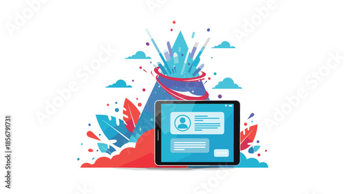 Digital tablet displaying a user profile and message stands in front of a powerful blue and red volcano eruption with smoke and ash.