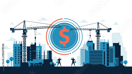 Large dollar sign icon centered between two construction cranes in a developing city silhouette represents real estate investment and growth.