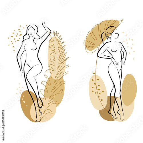 Collection. Silhouette of a cute lady and plant leaves. The girl is standing. The woman has a beautiful naked figure. She is young and slim. Vector illustration set.