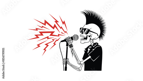 Skeleton character with a mohawk hairstyle and sunglasses sings passionately into a microphone with jagged red lightning bolt sounds.