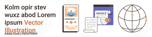 Global commerce, audio media, digital payments, online invoicing, technology, globalization. Mobile phone music app, invoice document digital interface globe. Digital payments and online invoicing